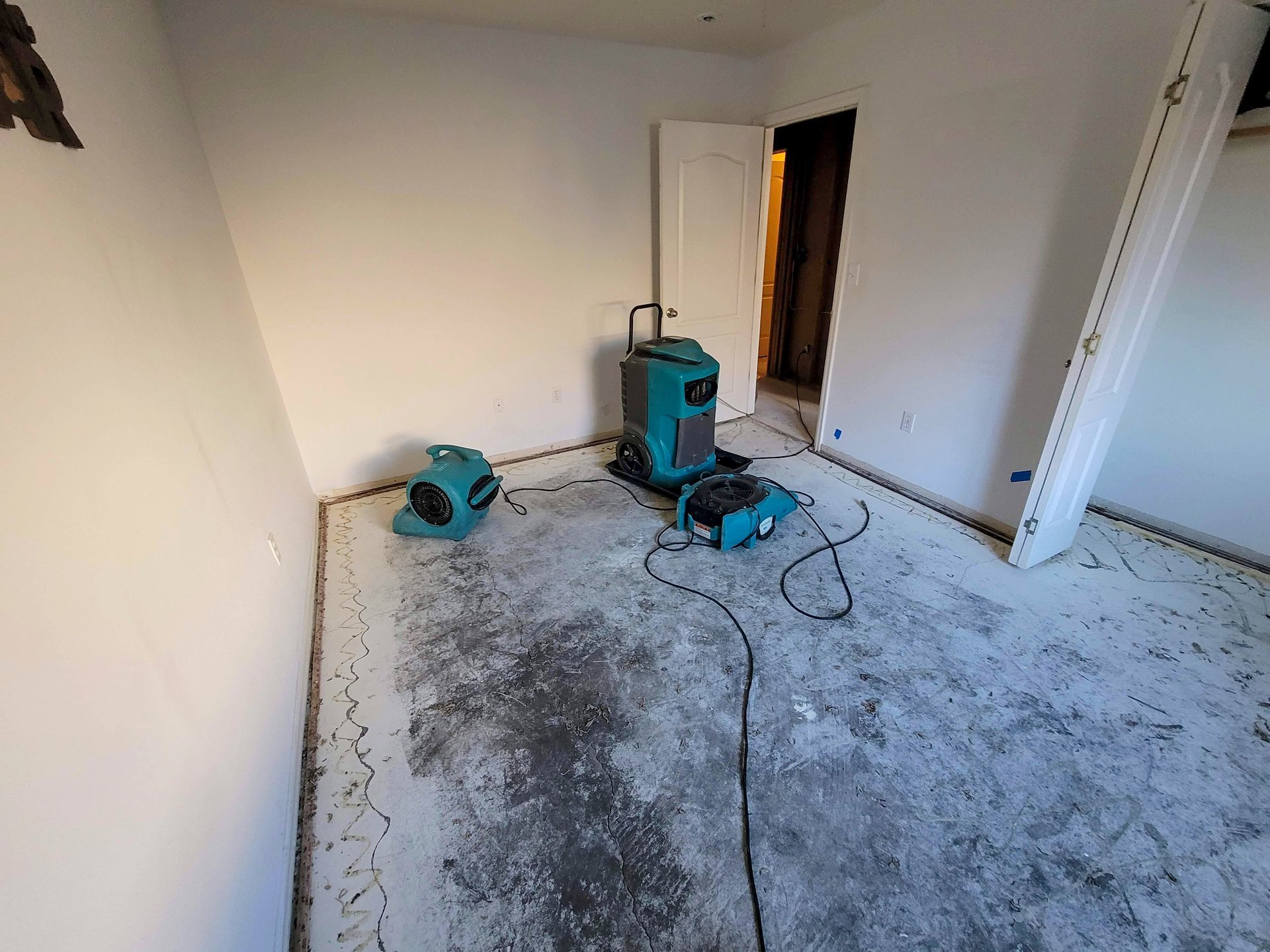Water damaged room with drying equipment