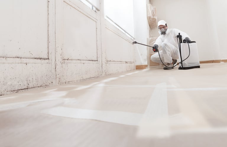 Mold remediation service: a professional worker spraying products to remove mold, clad in a protective suit and respirator mask
