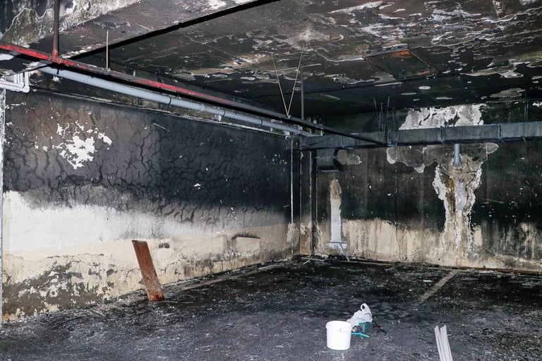 A basement with soot and water damage from a fire