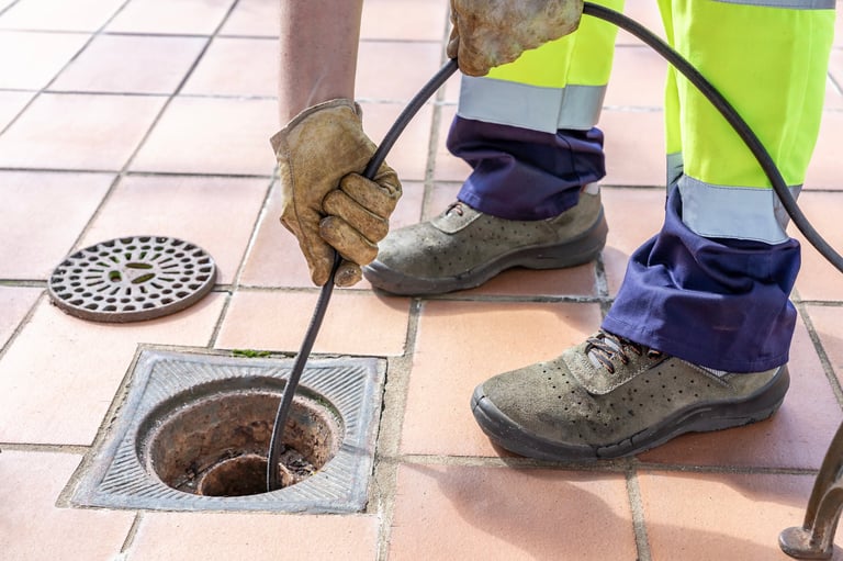 Close-up of sewer worker unclogging blocked yard drain with high pressure water jetting hose
