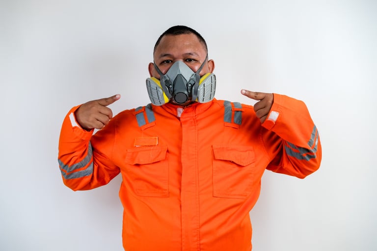A man wearing an orange work suit and a protective respirator mask, emphasizing safety in industrial environments