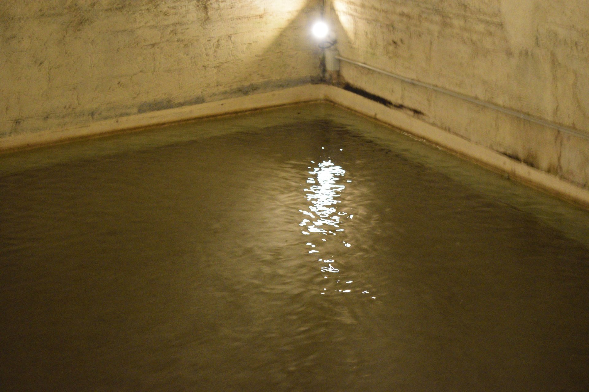 A flooded indoor area with a concrete floor covered in standing water, highlighting basement flooding and water damage
