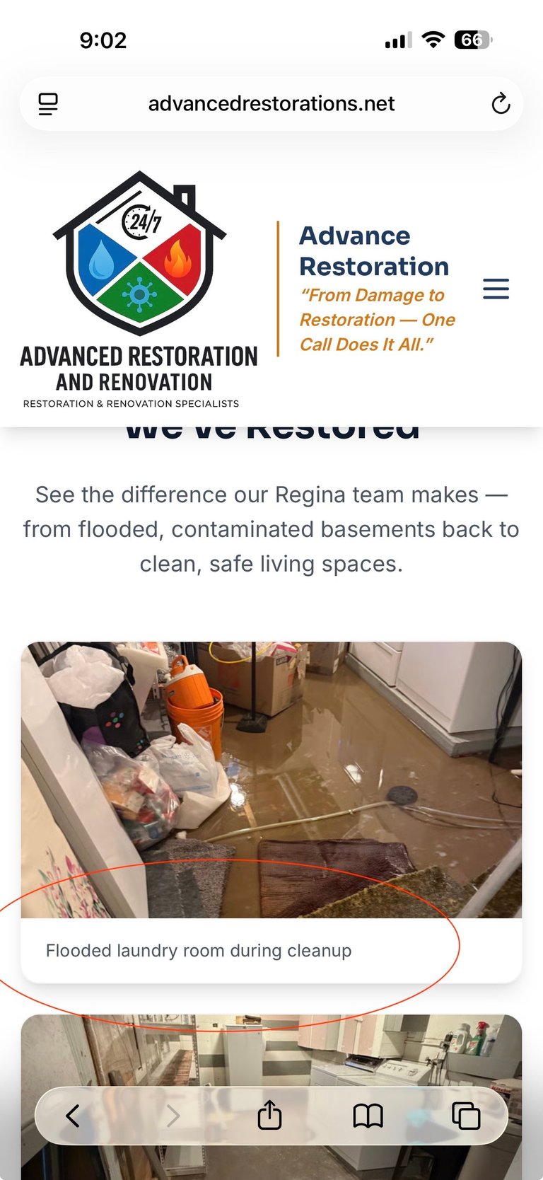 Sewer backup in a laundry room with contaminated water covering the floor, boxes, and equipment during cleanup and sanitization