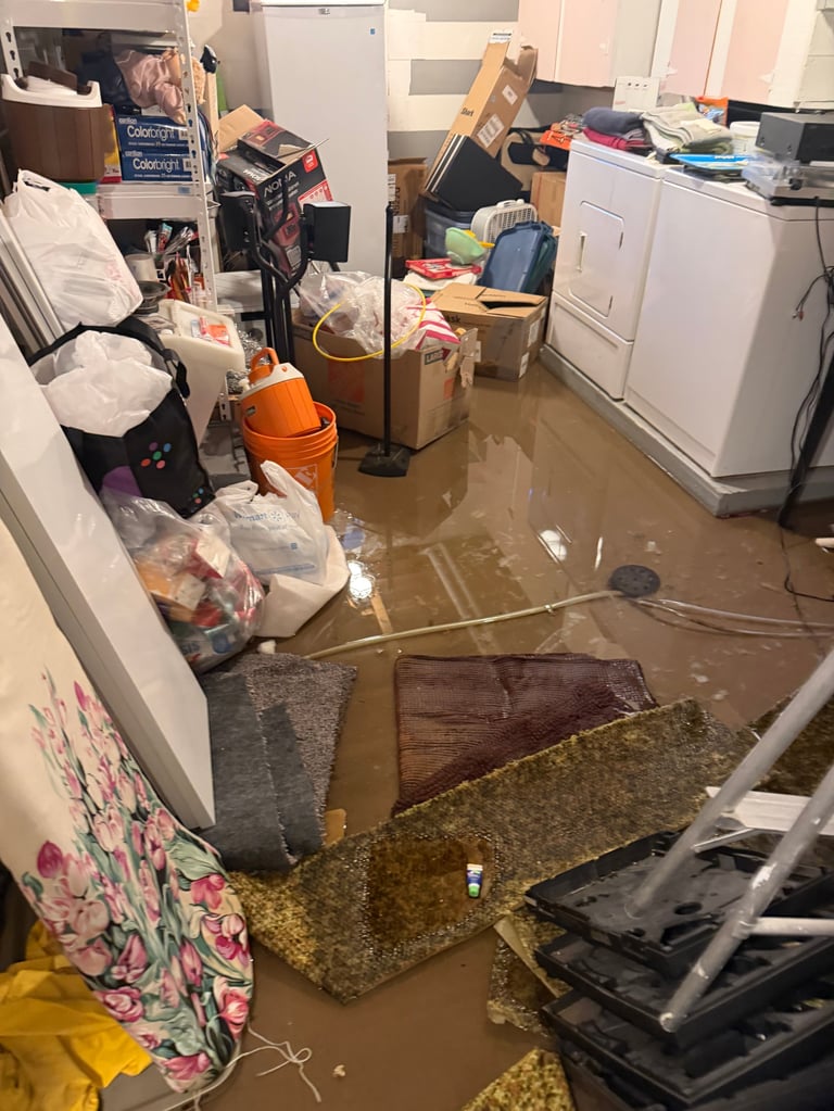 Laundry room with equipment staged for structural drying after sewer backup
