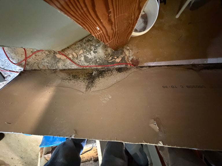 Overhead view of a water leak in a residential ceiling with brown stain and visible damage near wooden rafters