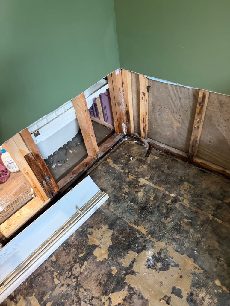 Water-damaged room corner with rotting wooden panels and stained concrete floor showing signs of mold and decay