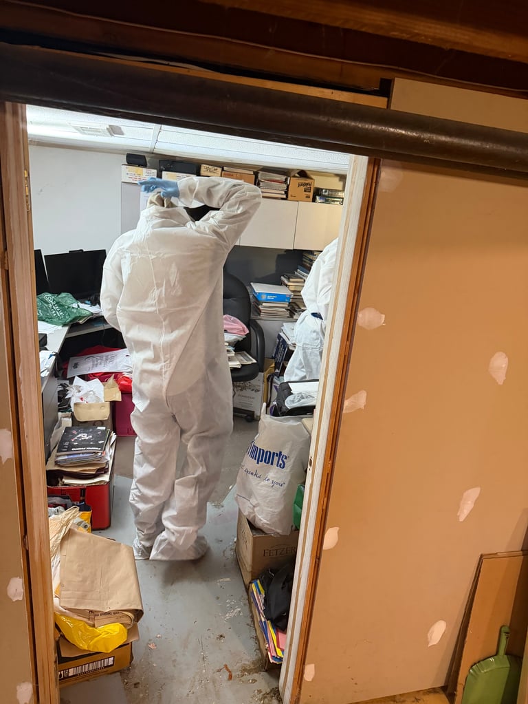 Technician in white protective suit cleaning and sanitizing contaminated contents during restoration