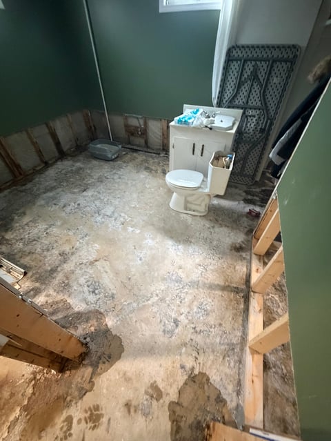 Unfinished bathroom renovation with concrete floor, white toilet sink unit, green walls, and exposed wooden framing
