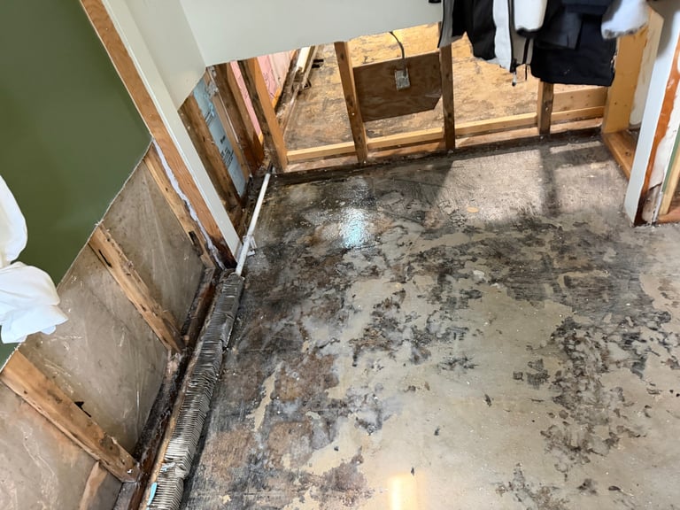 Interior construction area with concrete floor, wooden studs, plastic sheeting, and exposed framing in various stages of renovation.