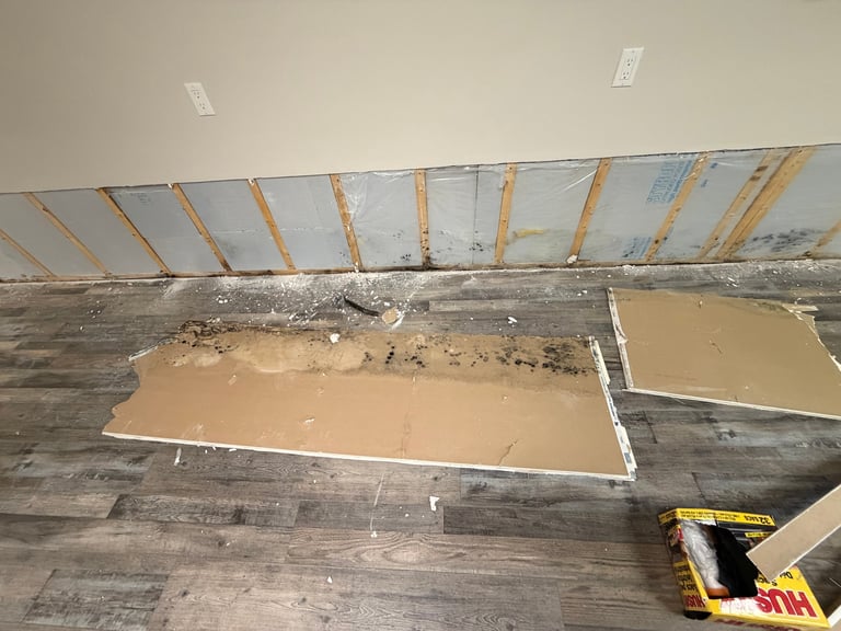 Interior room under renovation showing wooden floor with cardboard dust protection sheets and exposed ceiling framing with insulation